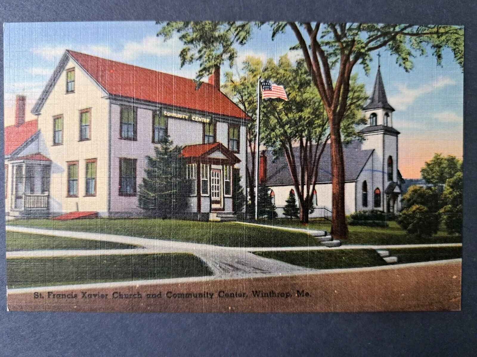 Postcard St Francis Xavier Church and Community Church, Winthrop Maine 
