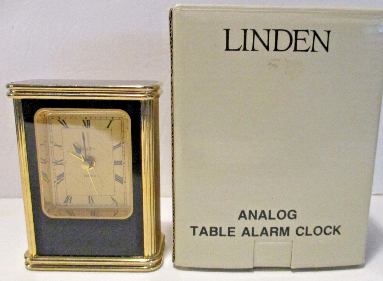Vintage Linden Alarm Clock Black/Gold Tone Quartz Works -New in Box Model 1152