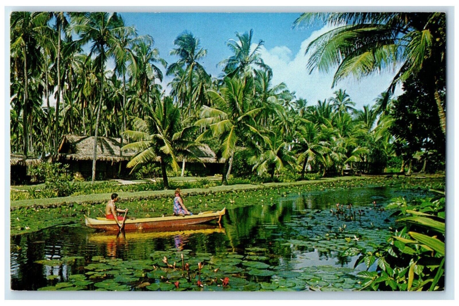 c1960 Coco Palms Resort Hotel Drifting Lazily Down Polynesian Hawaii HI Postcard