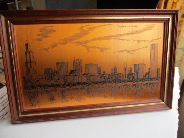 Vintage 1970s CopperArt Copper Etching Chicago City Buildings Skyline Wood Frame