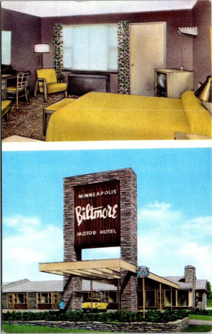 Minneapolis MN Biltmore Motor Hotel Motel Artist Rendering Dual postcard NP5