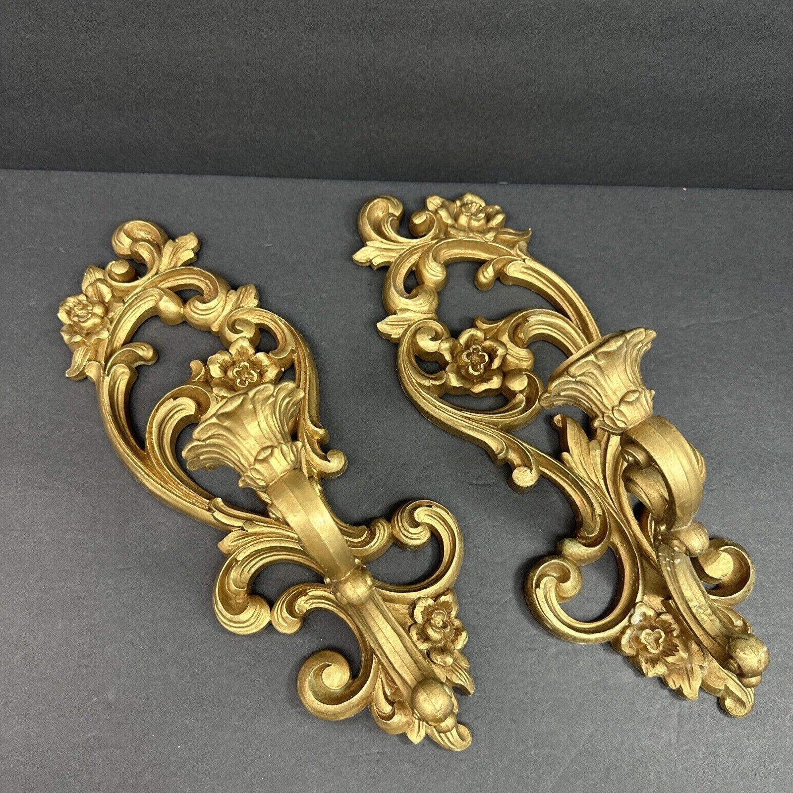SCONCE Set Vintage Syroco Homco Gold Toned Candle Holder Wall #4118 USA READ