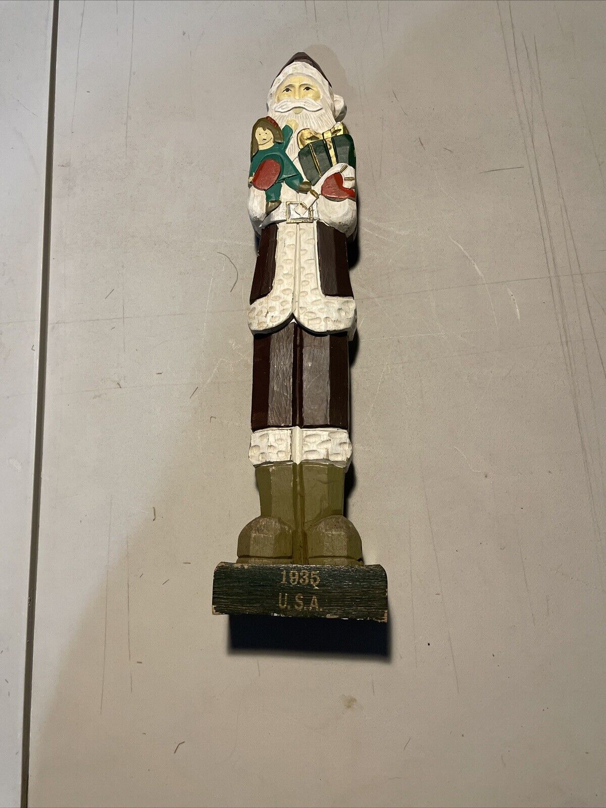 VTG 1994 Carved Wood Folkart Tall Santa 1935 USA   By Mercuries Christmas 16”