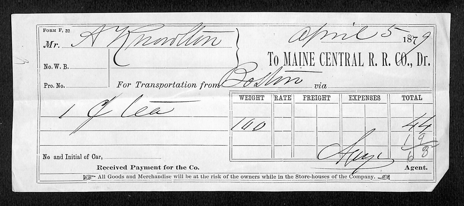1879 A.W. Knowlton* Newburgh, ME Maine Central RR Freight Receipt 100 lbs of Tea