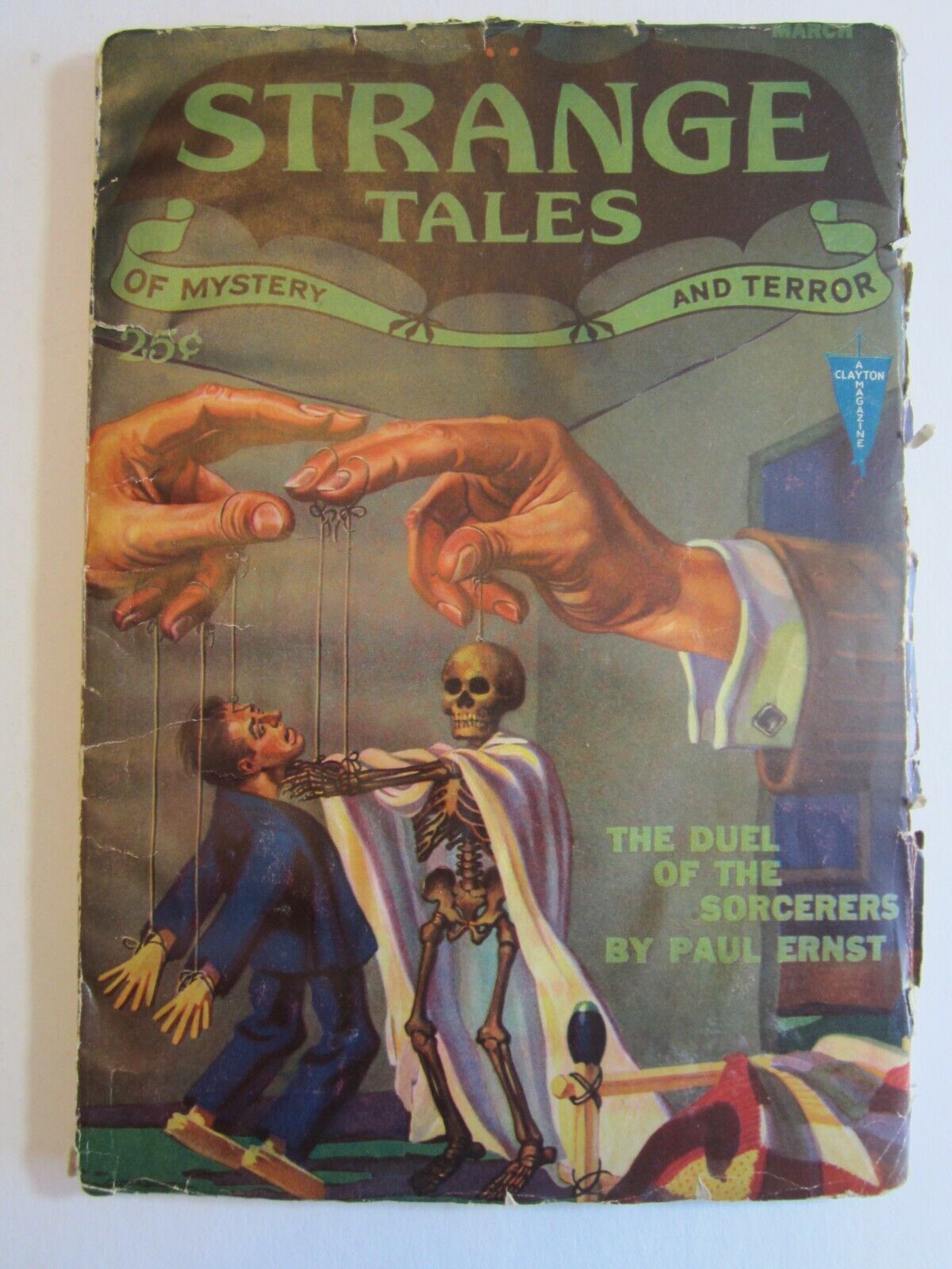 Strange Tales Pulp v. 2 #1, Mar. 1932  GD  Skeleton puppet cover by Hans Wesso