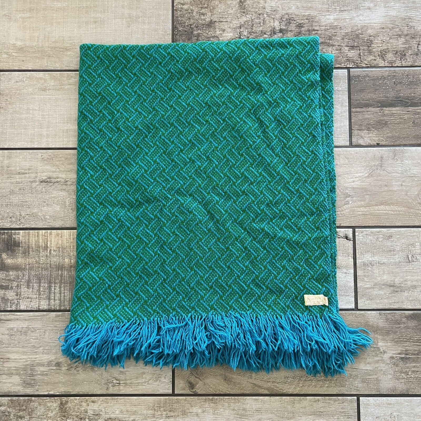 VTG 60s 70s Pendleton Pure Virgin Wool Blanket Throw Green Blue Fringe 50 x 63