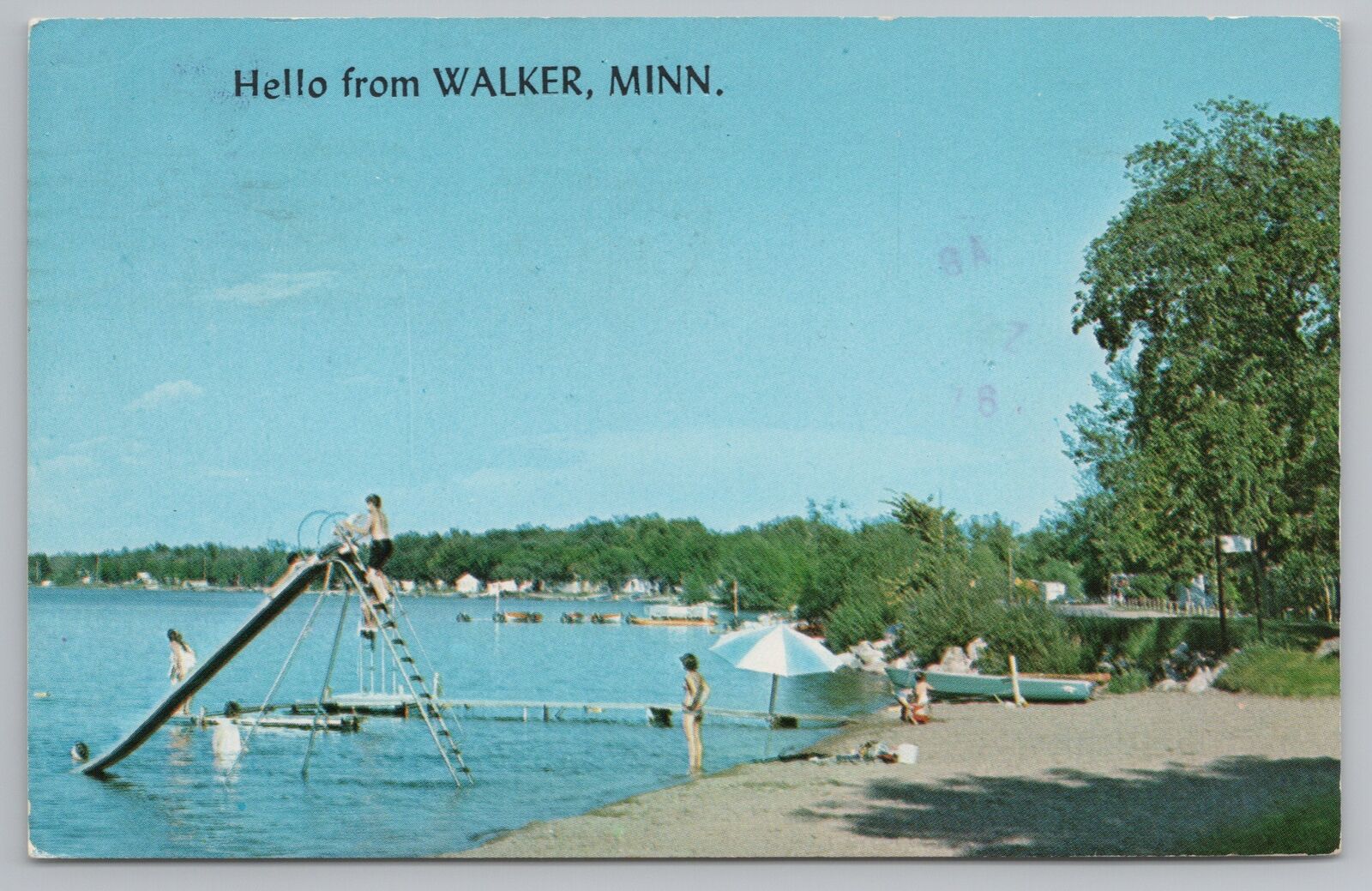 Walker Minnesota~Swimming Beach~Water Slide~1978 Postcard