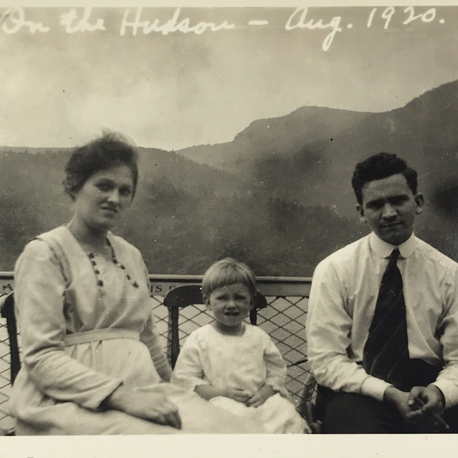 Vintage 1920 Sepia Photo Young Family On The Hudson River Ferry Boat Mountains 