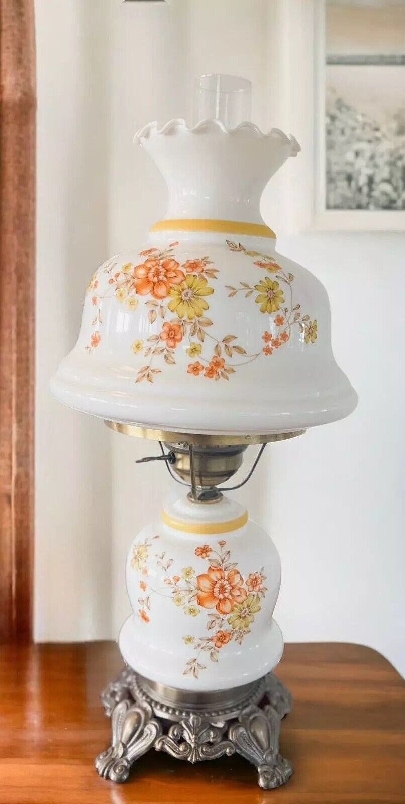 Mid Century Vintage Large Flower GWTW Hurricane Lamp 3 Way Light