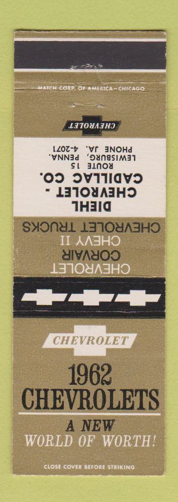Matchbook Cover - 1962 Chevrolet Diehl Cadillac Lewisburg PA