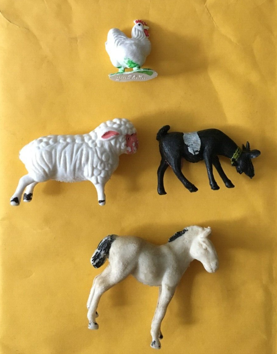 VINTAGE MOLDED PLASTIC FARM ANIMALS (HONG KONG) - SHEEP, CHICKEN, GOAT, & HORSE