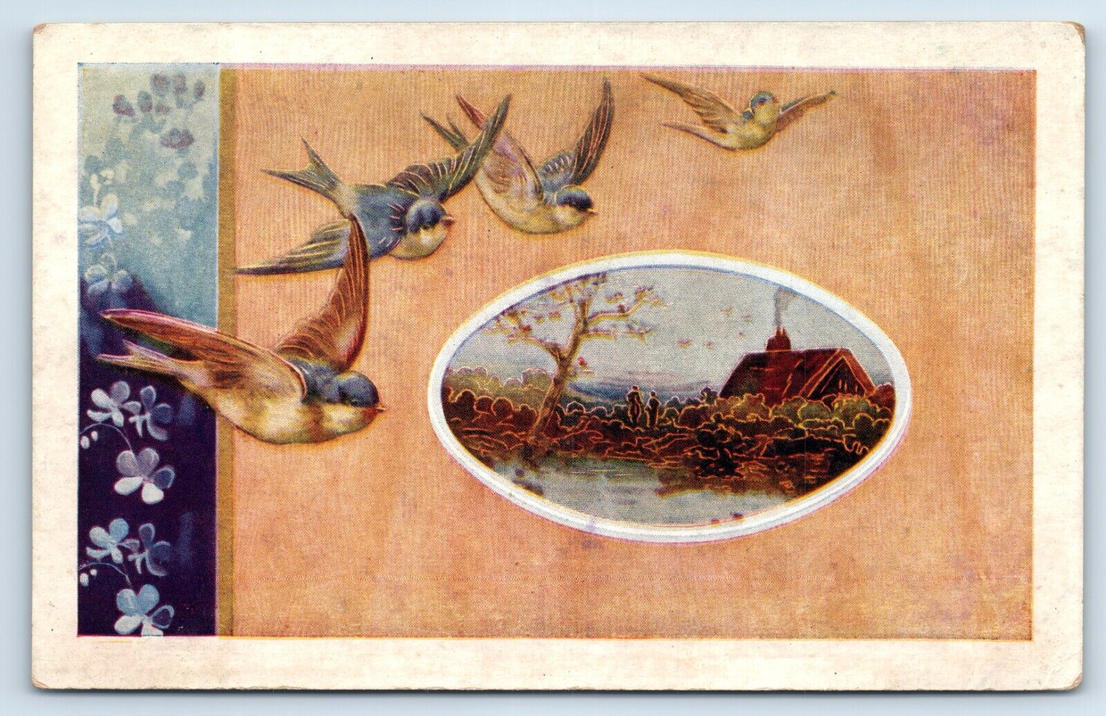Postcard - Blue Swallows and Home By Water Scene 