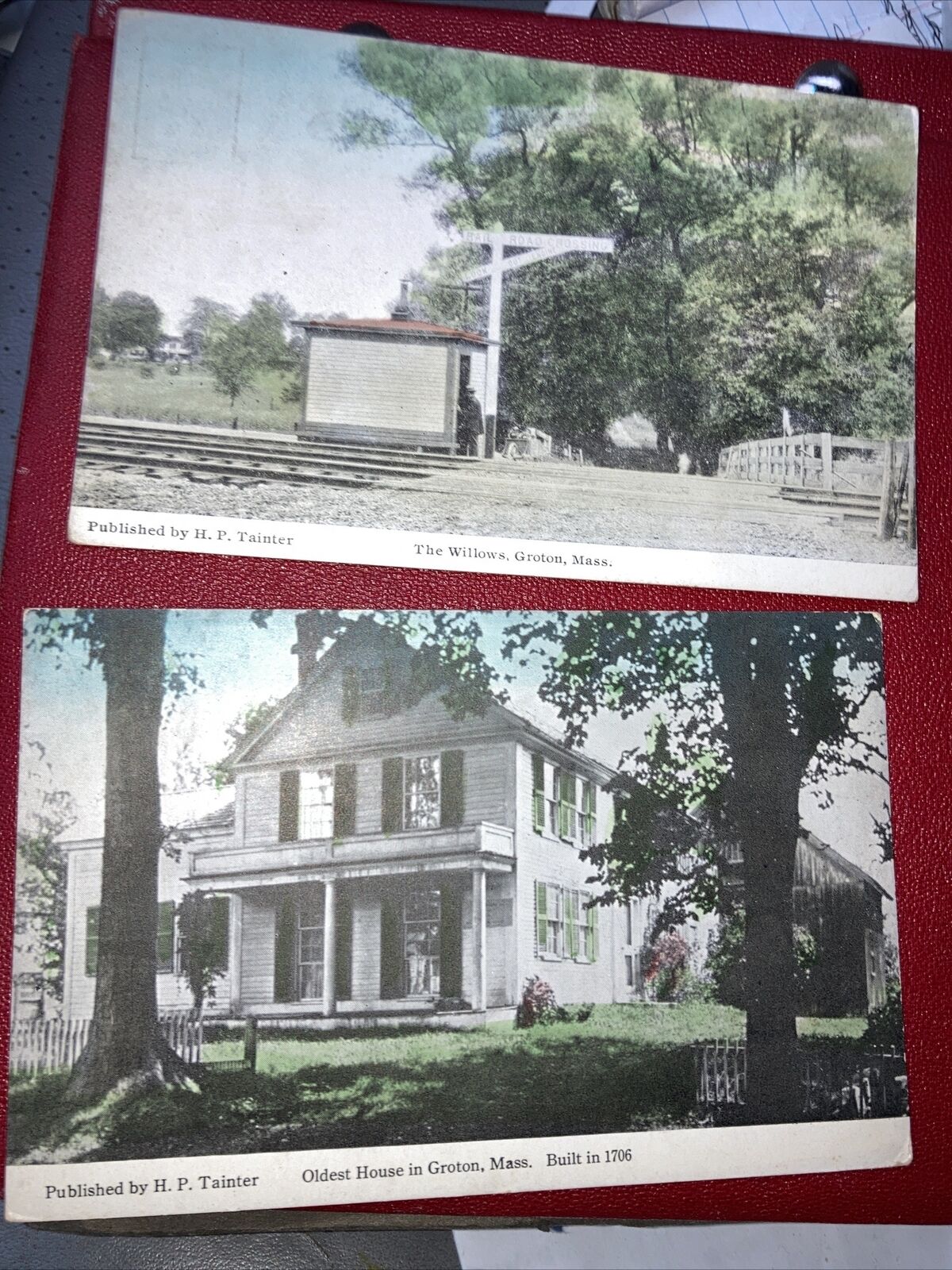 (2) Groton Massachusetts MA Railroad Crossing The Willows/Oldest House Postcards