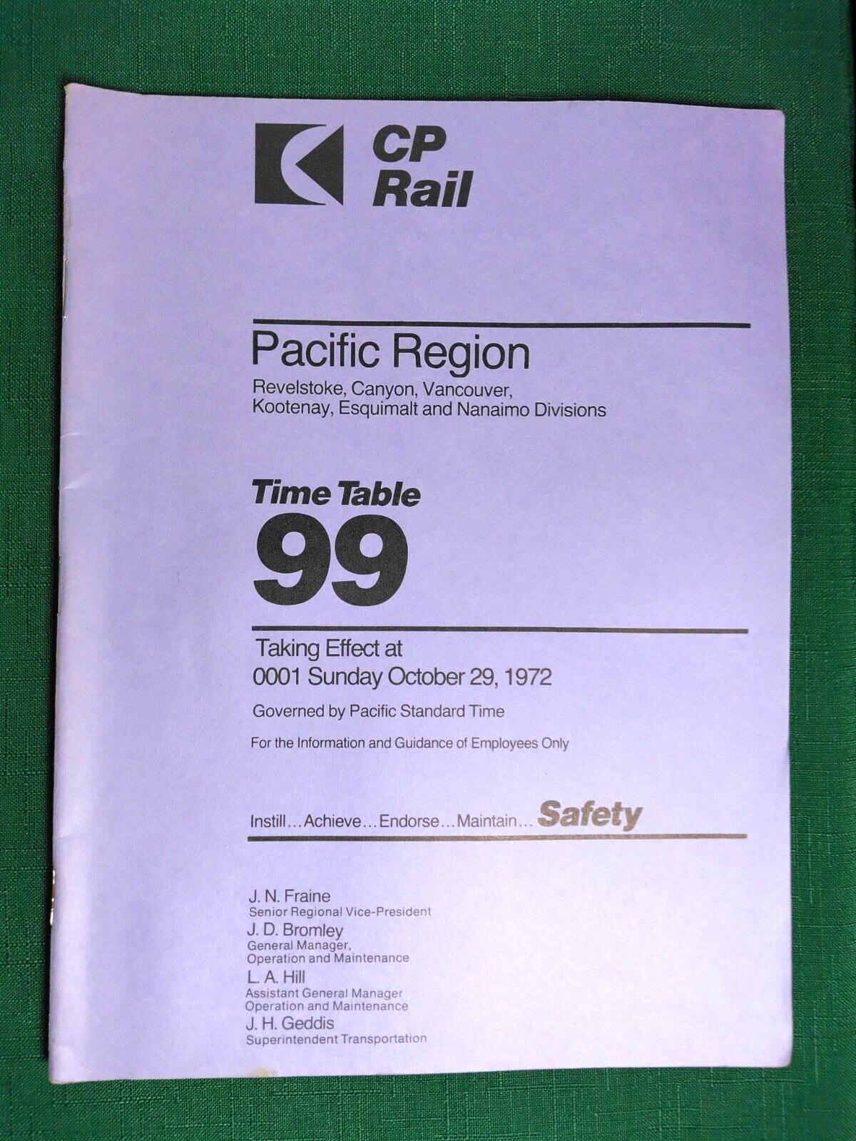 1972 CP Rail Employee Time Table 99 Pacific Region Vancouver, Nanaimo. Railway
