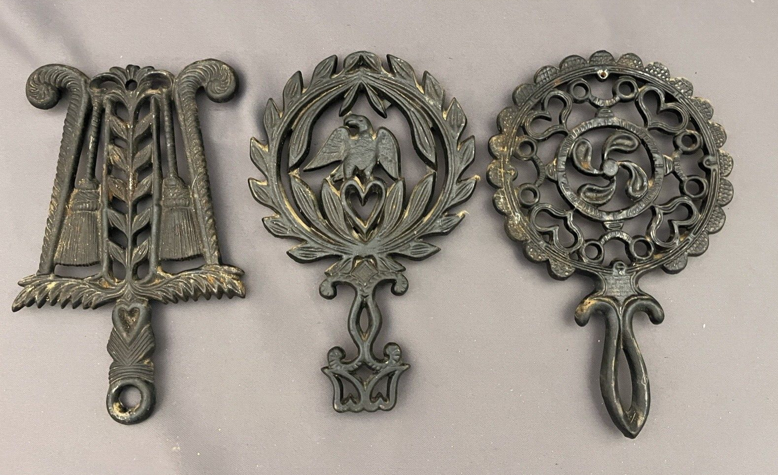 Griswold Style Cast Iron Trivet Set of Three Mixed Lot Vintage Wall Art (J)
