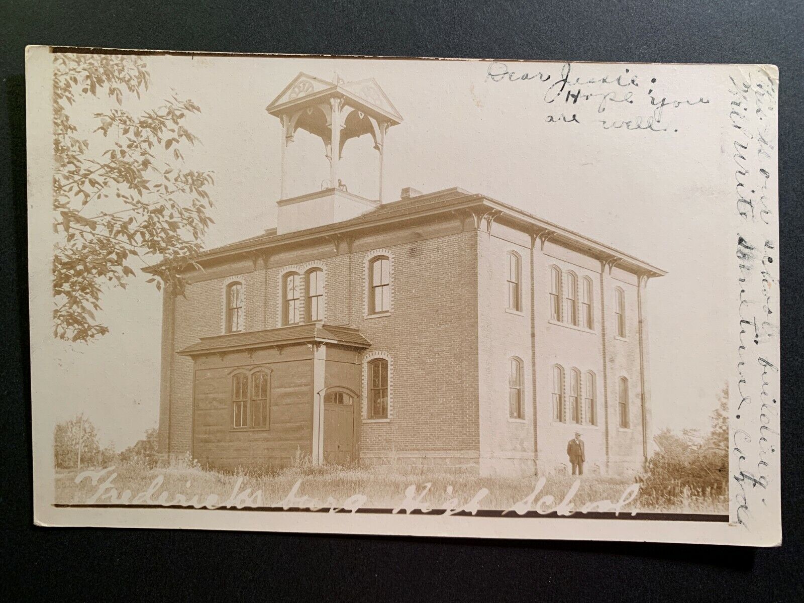 RPPC Postcard Fredericksburg IA - High School Building