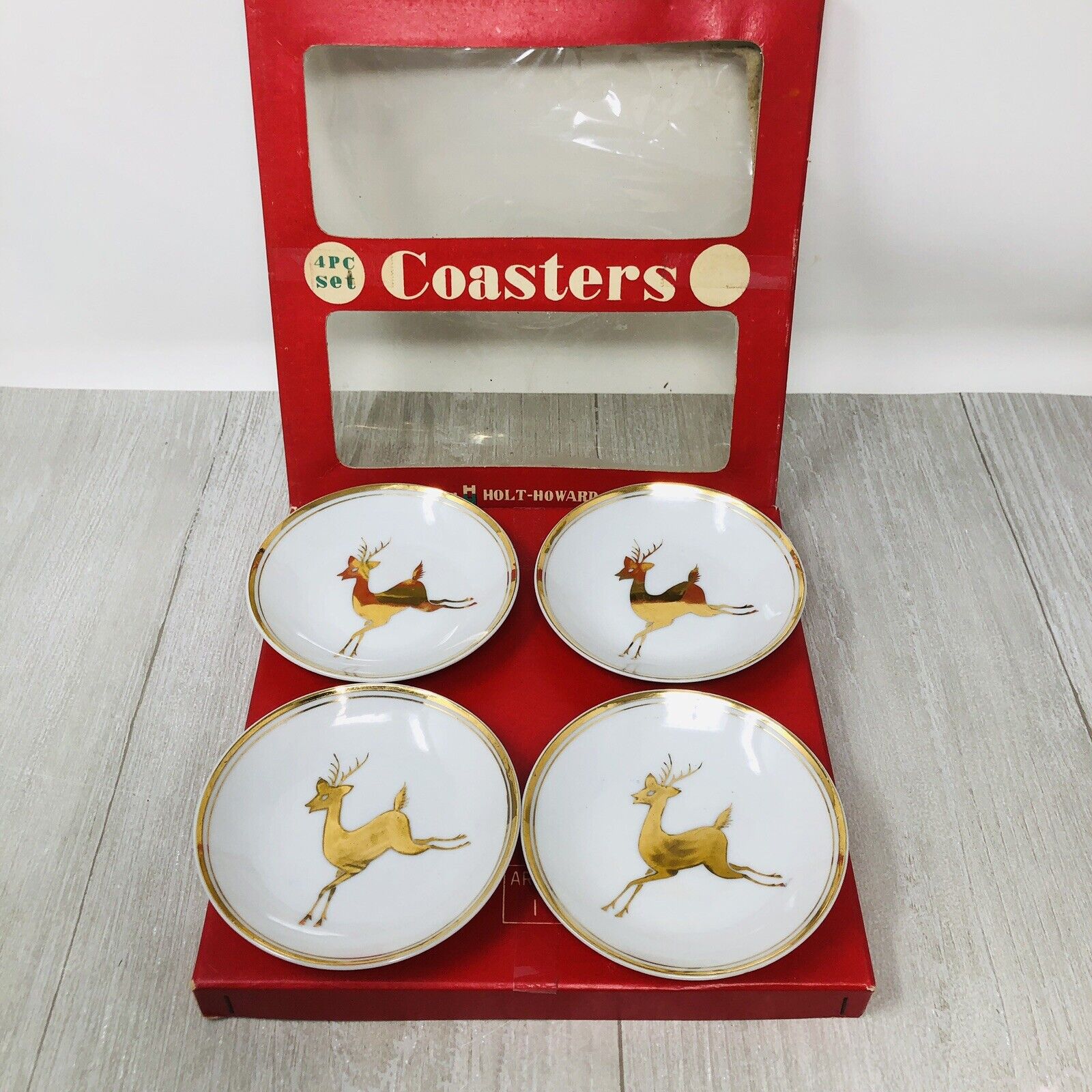 Vintage HOLT HOWARD Coaster Set Reindeer 1960's MCM Christmas Porcelain Dishs