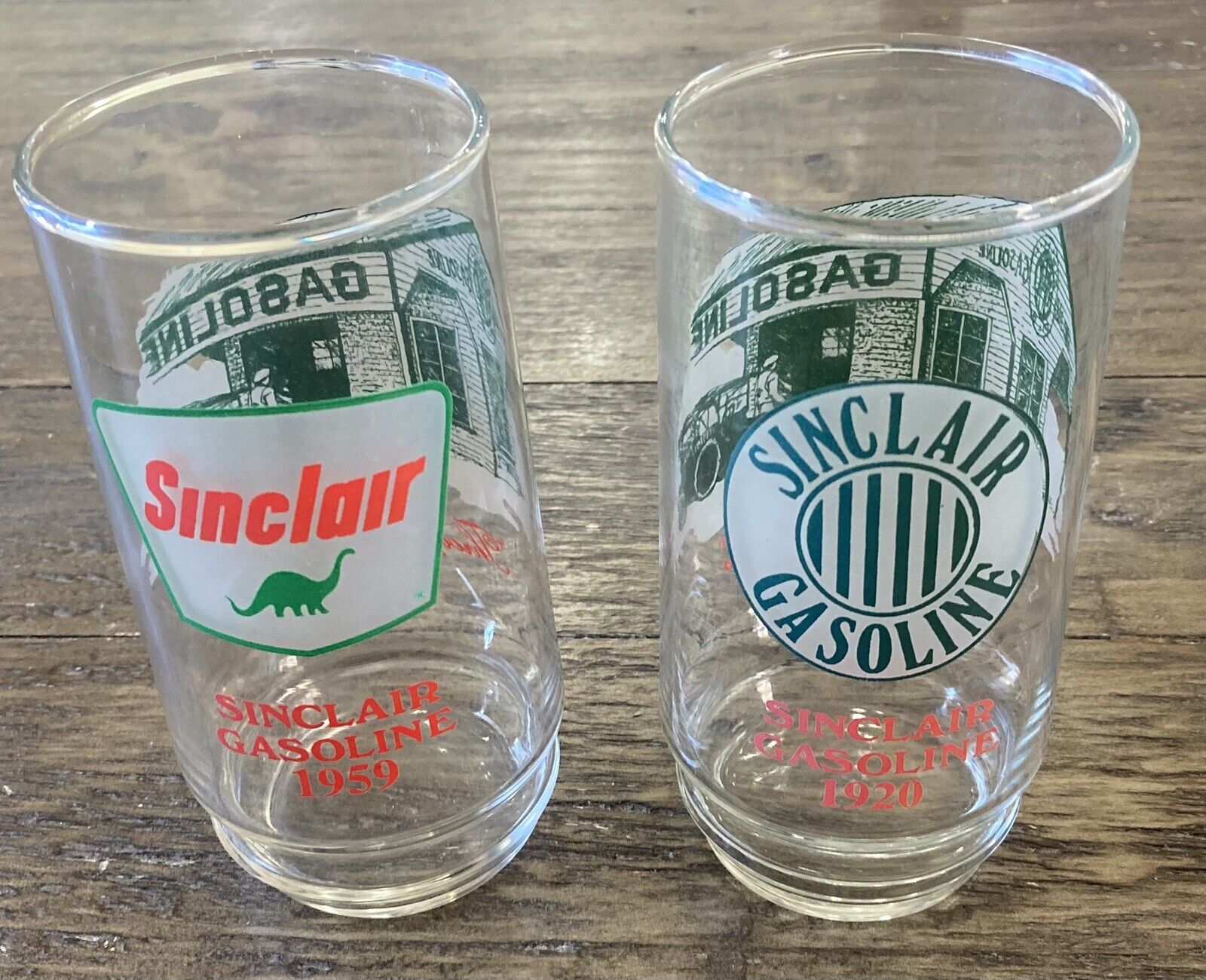 Vintage Sinclair Oil 12oz Drinking Glasses (Set of 2) 1959 & 1920 Gasoline Rare