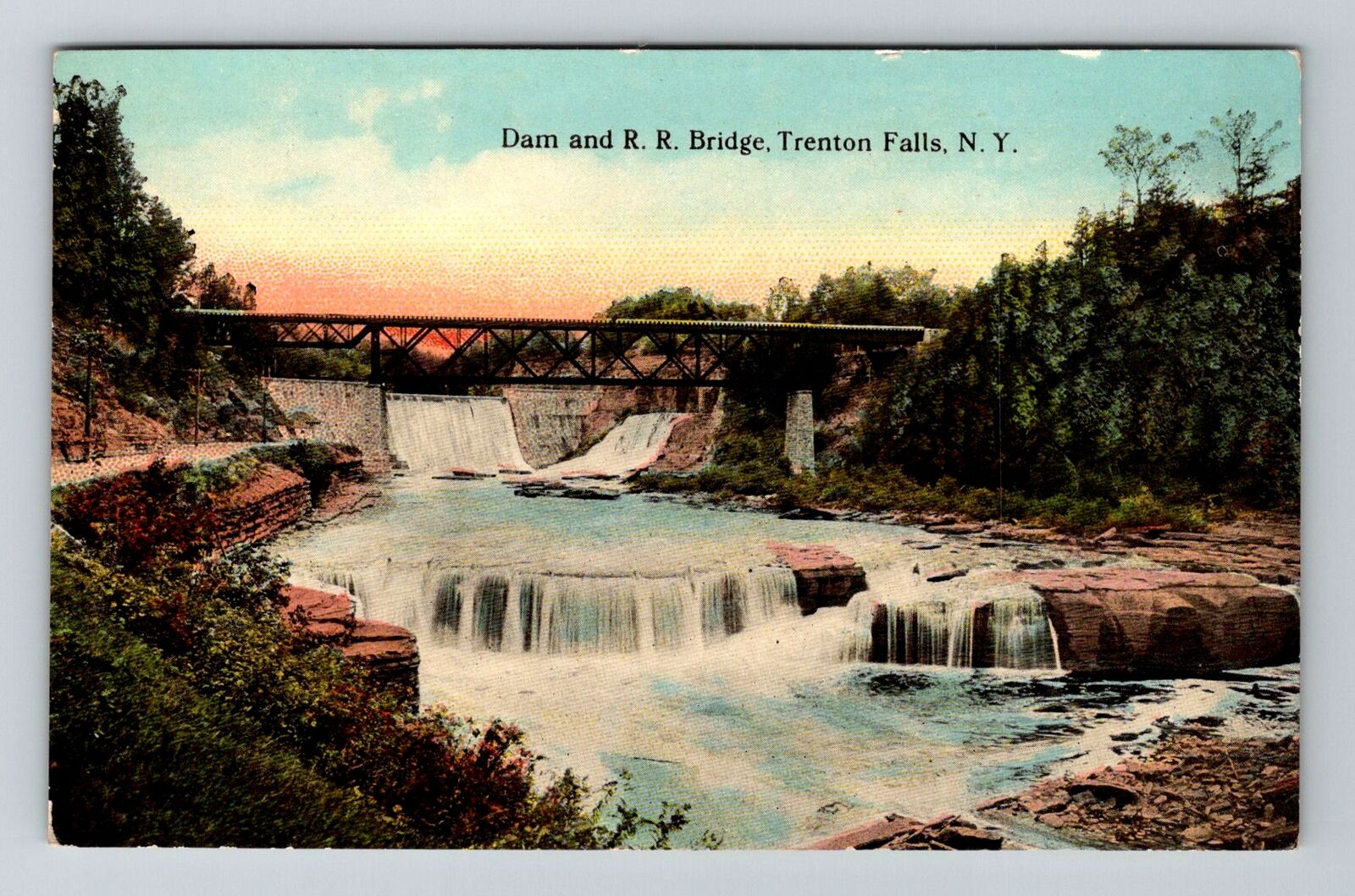 Trenton Falls NY-New York, Dam and R.R. Bridge Vintage Souvenir Postcard