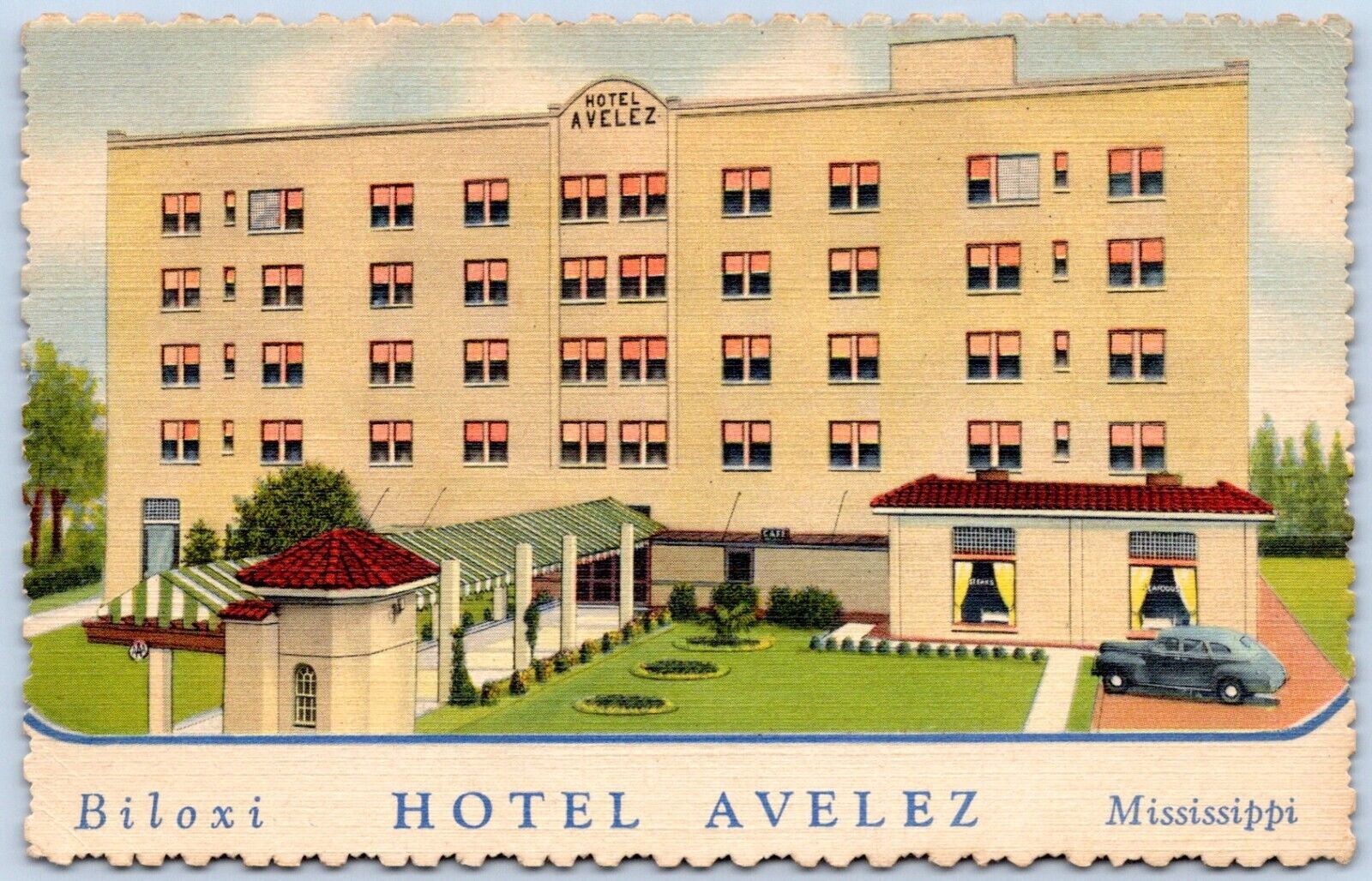 Postcard MS Biloxi Mississippi Hotel Avelez Highway 90 Car 1940s Linen MS10