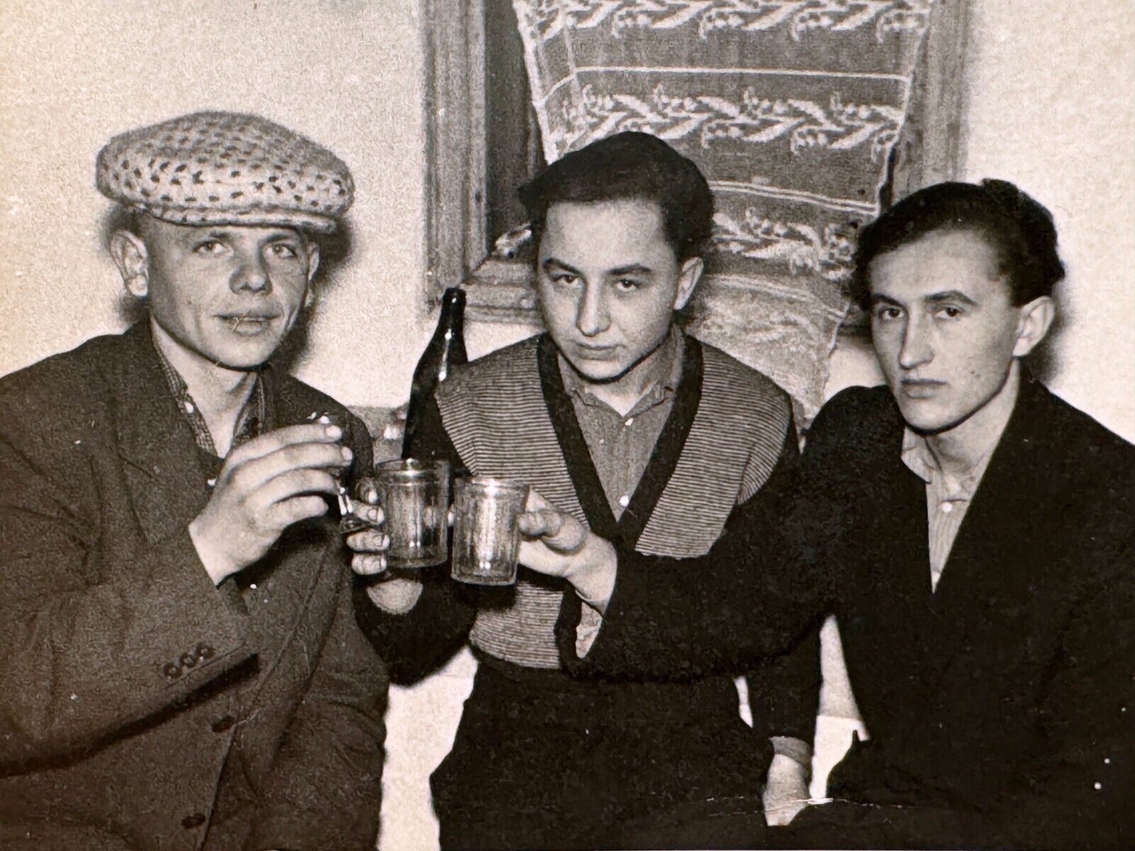 1950s Three Handsome Young Men Alcohol Party Gay Int B&W Photo Snapshot