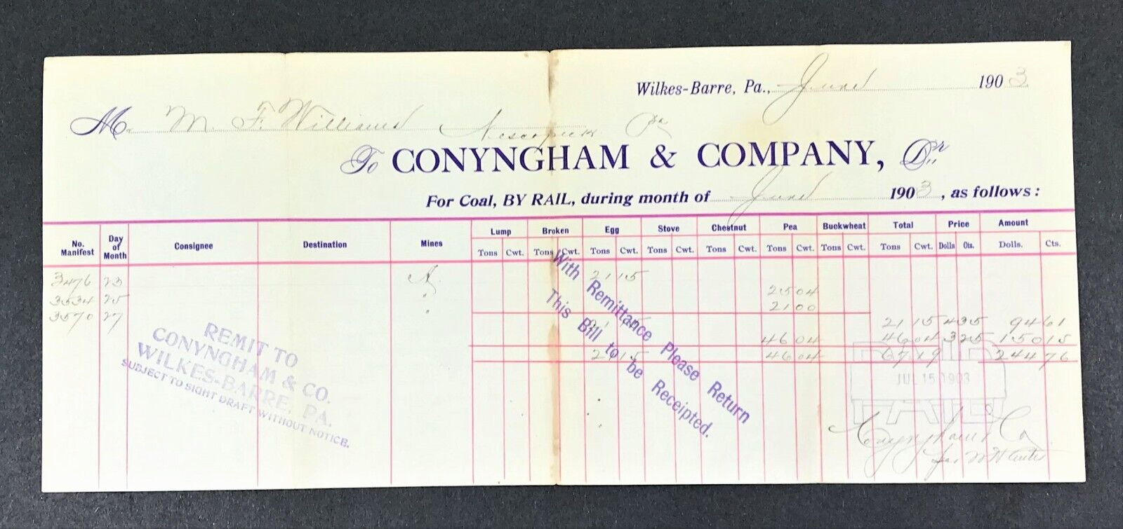 Wilkes Barre PA Conyngham & Company Billhead Williams Bros Nescopeck 1903 e2-9c