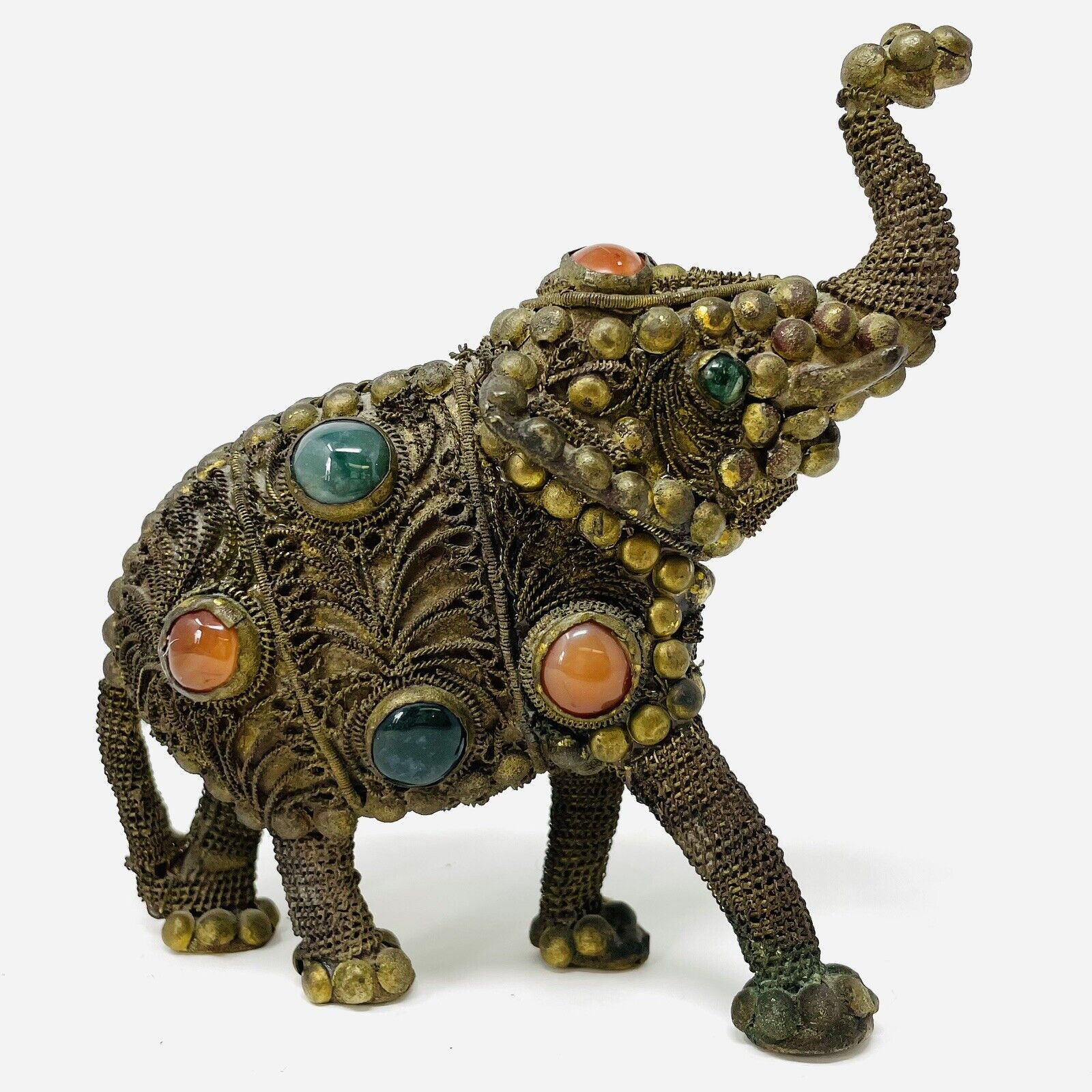 VINTAGE Antique Jeweled Elephant Sculpture Paper Weight Brass Filigree KB23