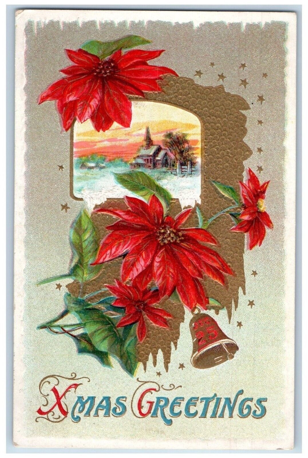 Fortuna CA Postcard Christmas Greetings Poinsettia Flowers Winter Scene 1912