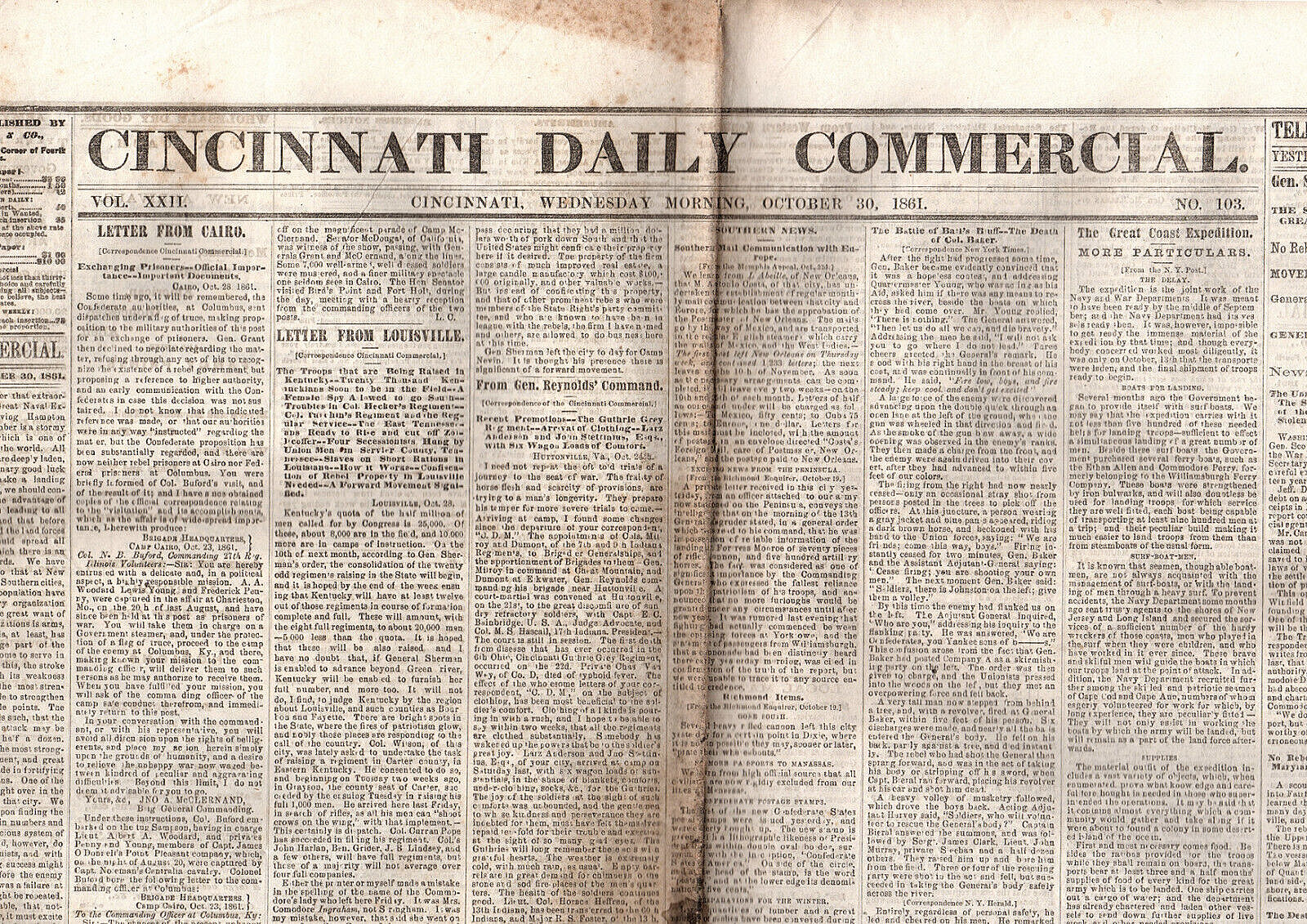 Cincinnati Daily Commercial, October 30, 1861, Volume XXII, No. 103, Ohio