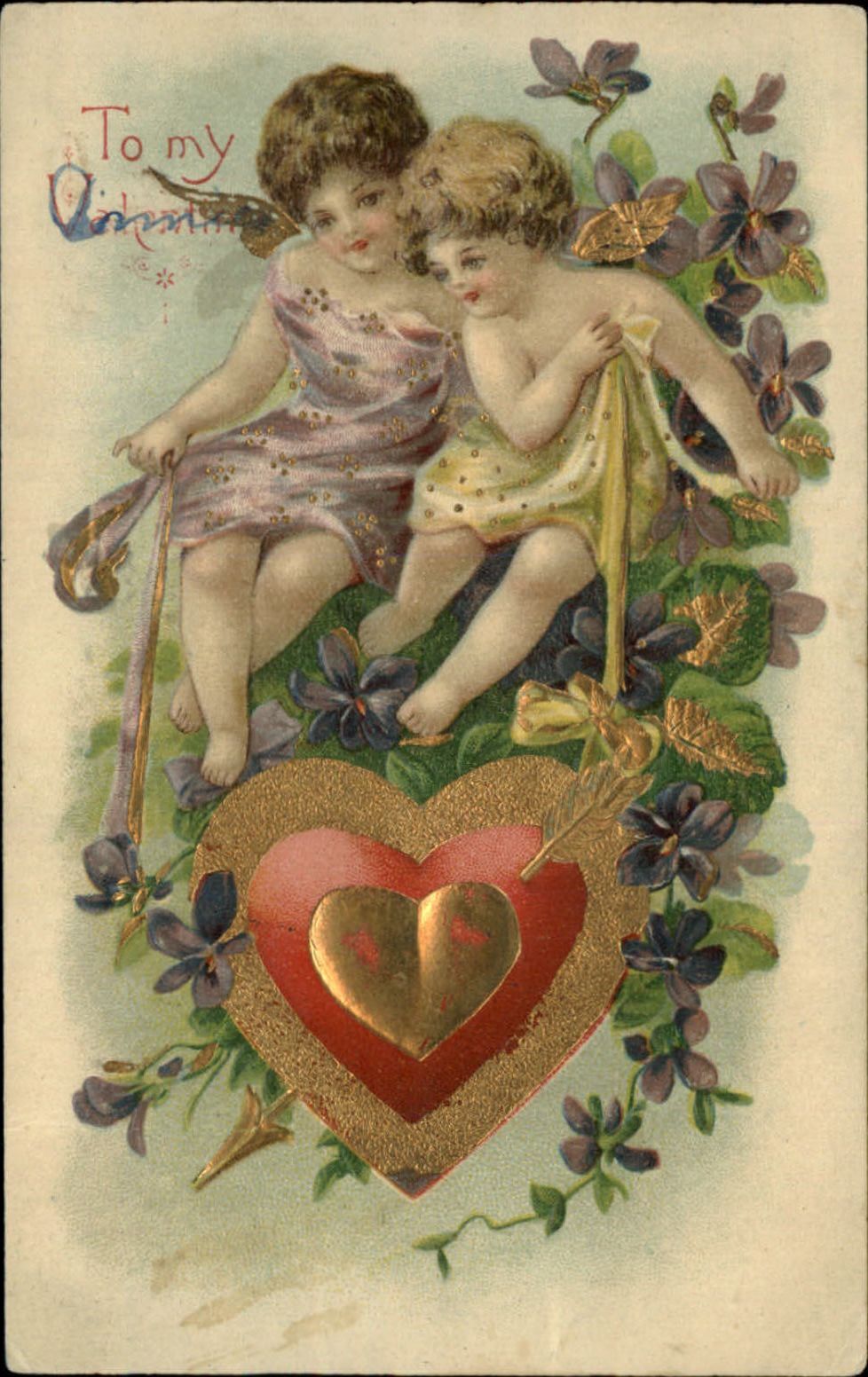 Valentine ~ Angels Cupids ~ gilt heart violets ~ 1908 embossed postcard