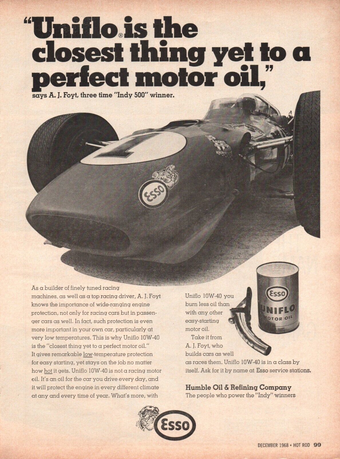 Esso Uniflo Motor Oil A.J. Foyt Indy 500 Vintage Print Ad 1968