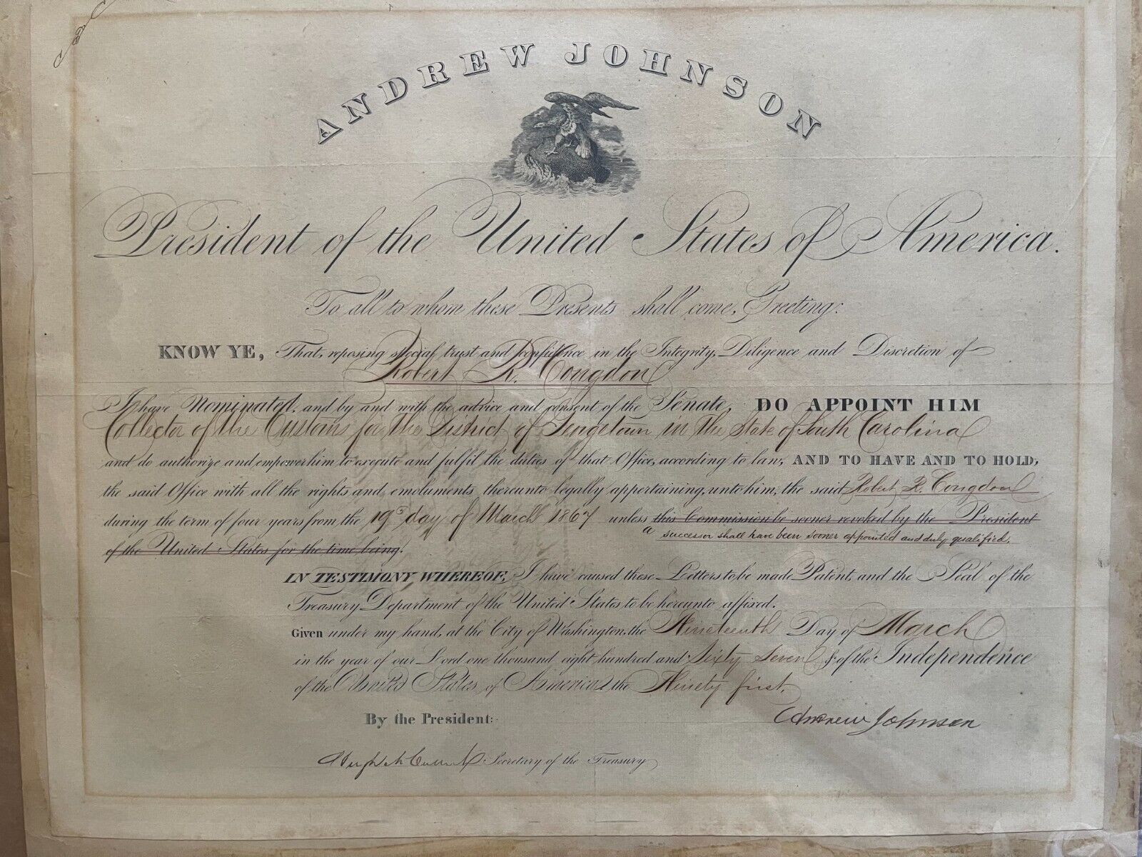 President Andrew Johnson Signed Autograph Political Appt Doc PSA Cert 1867