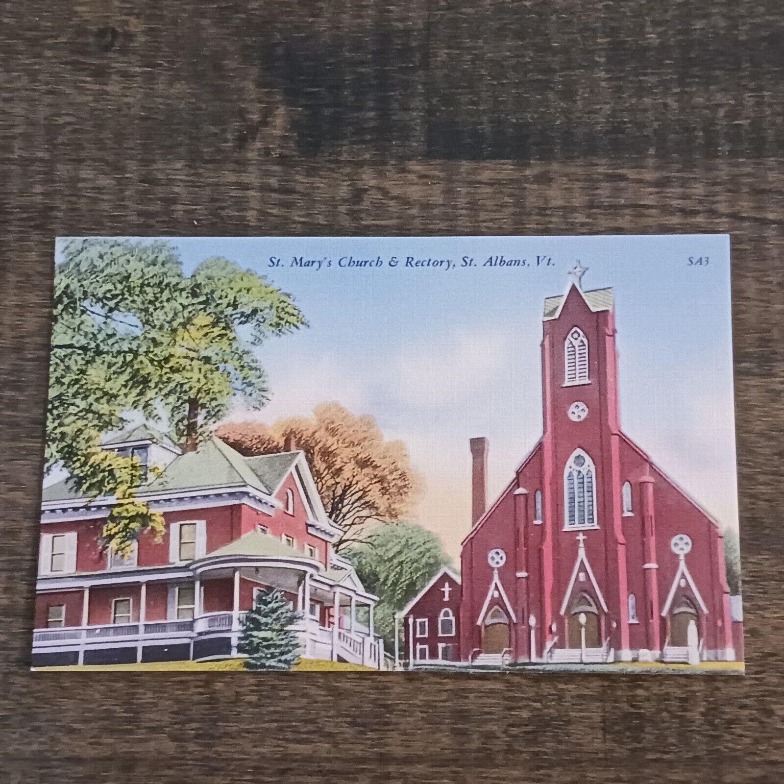 Postcard St. Mary\'s Church & Rectory St. Albans Vermont Linen Unposted