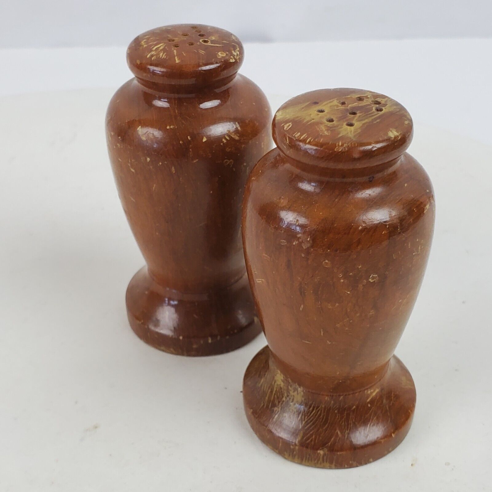 Vintage Mid Century Wood Salt Pepper Shakers 3 Inch w/ Stoppers