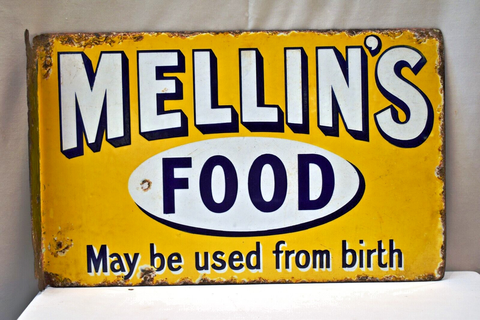 Vintage Mellin\'s Food Enamel Porcelain Sign Advertising Double Sided Flange Rare