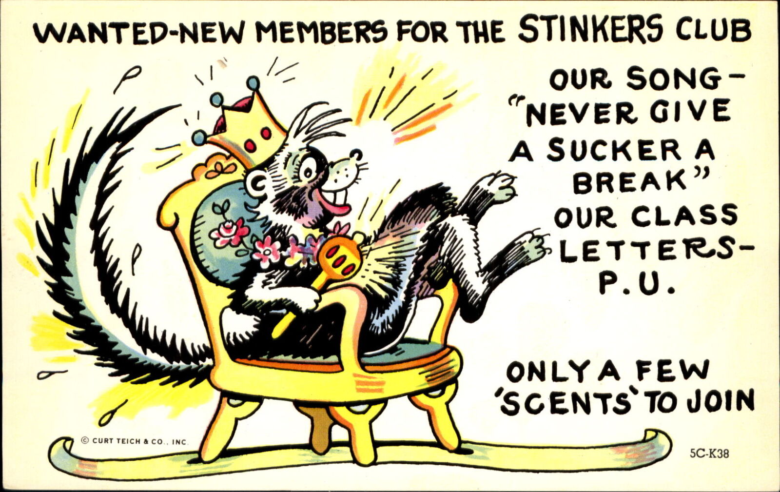 Humanized dressed skunk animal~Stinkers Club~pun comic 1960s~class letters PU