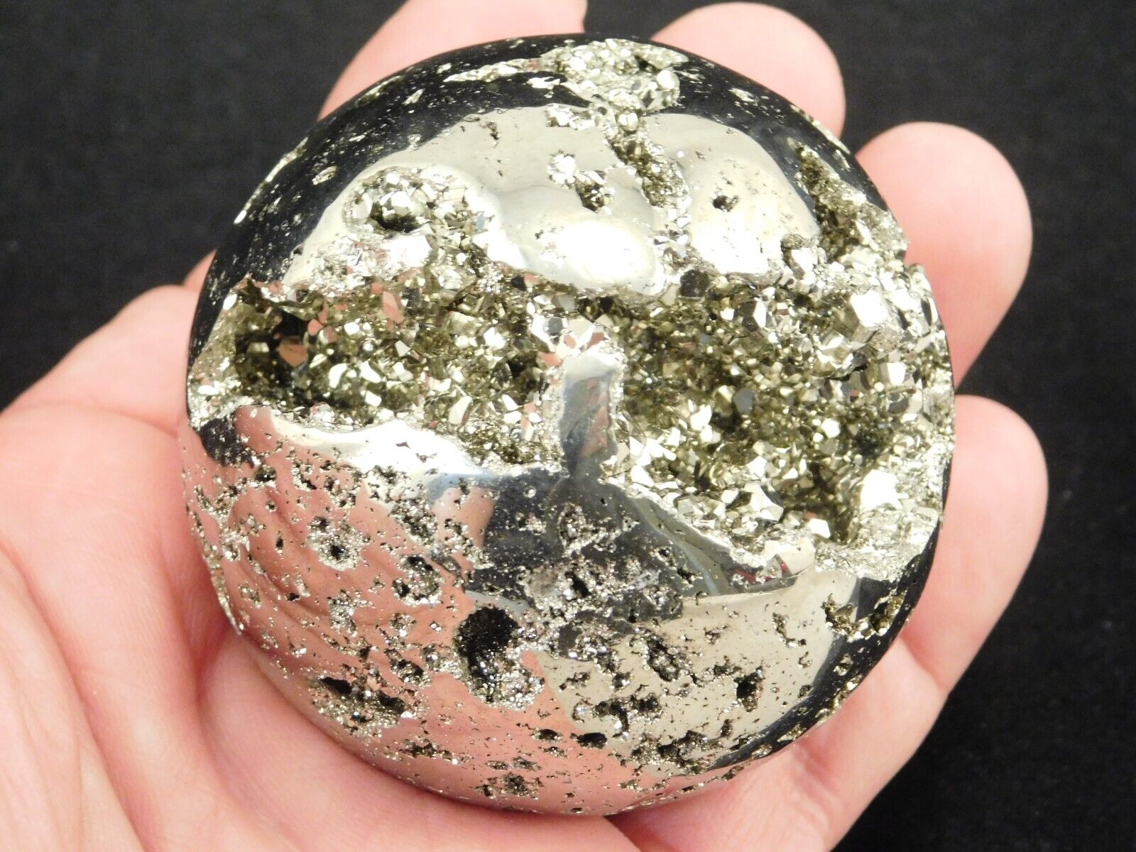 BIG Polished Pyrite Crystal Filled SPHERE with Stand From Peru 480gr