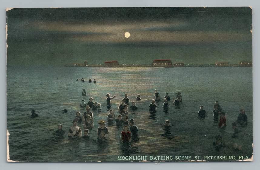 Moonlight Bathing Scene ST. PETERSBURG Florida Antique Night Beach PC 1912