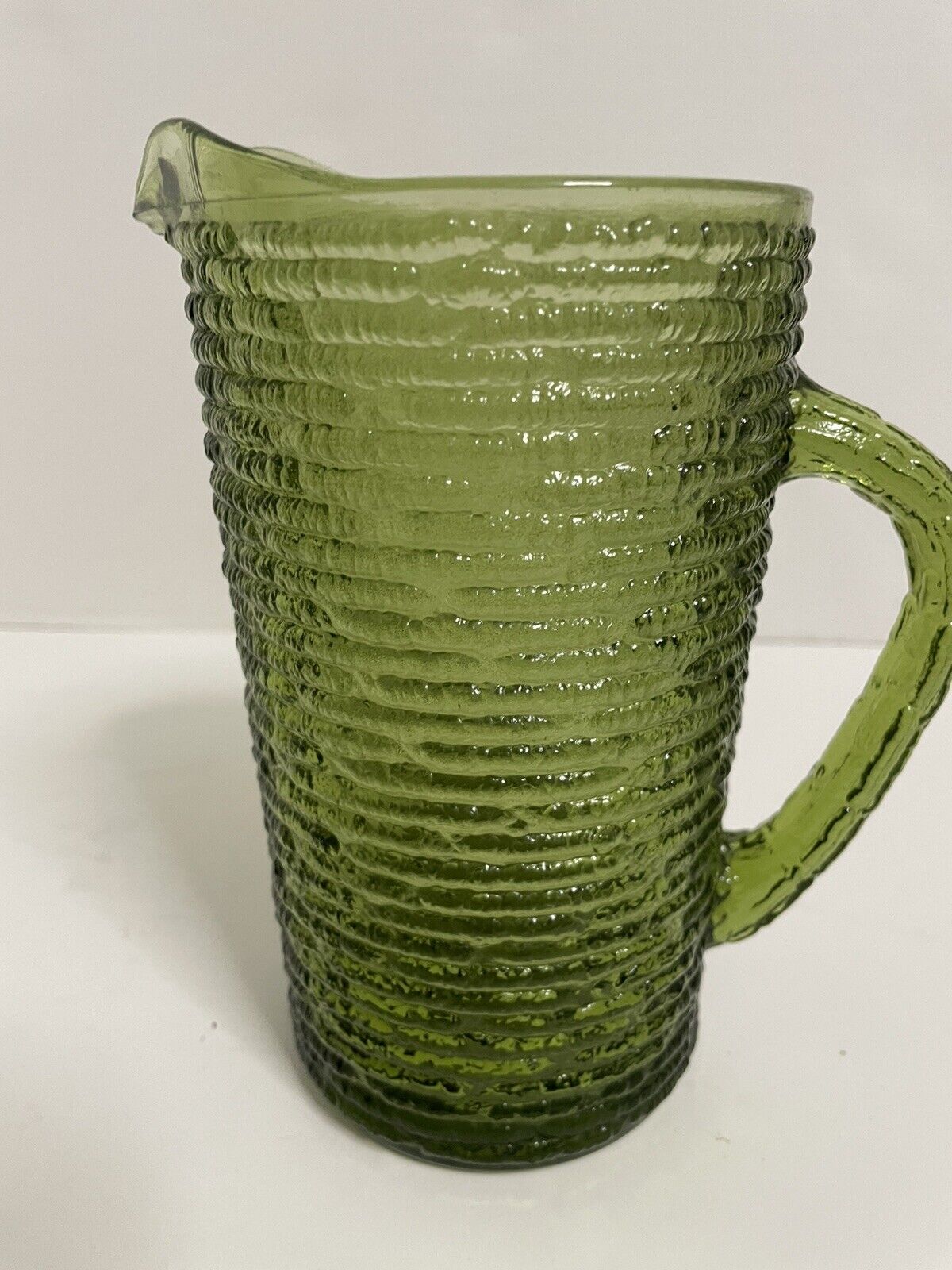 Vintage Textured Olive Green Glass Pitcher  6.5\