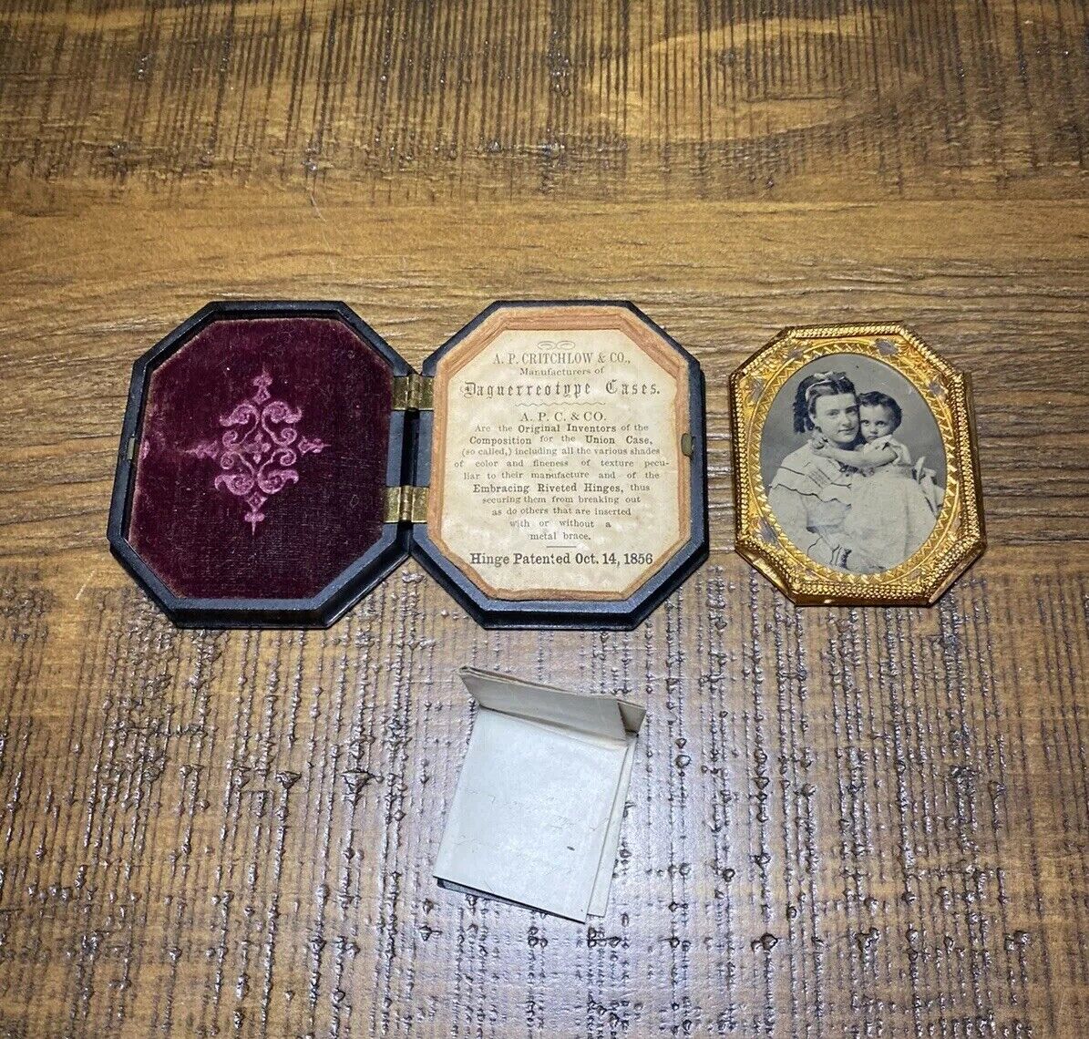 Daguerreotype Case with Photo of Mother Daughter with lock of Hair and note