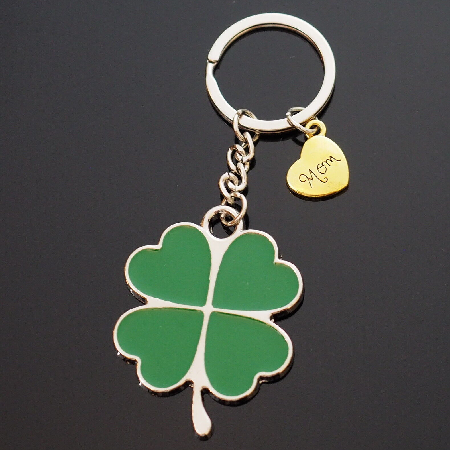 1x Four Leaf Clover Hearts Lucky Key Chain Charm Pendant Gold Mom Heart Keychain