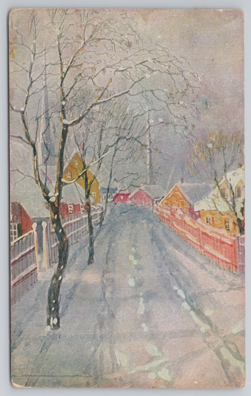 Postcard Snowy Village Road, Vintage 1907
