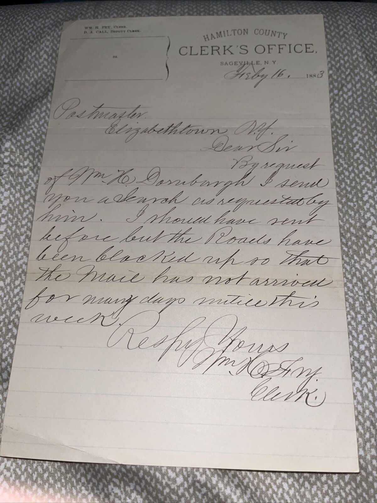 Antique 1883 Correspondence From Hamilton County NY New York Clerk to Postmaster