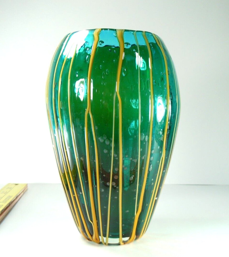 VASE Vintage Green Art Bubble Glass Large Vase with yellow glass drip design