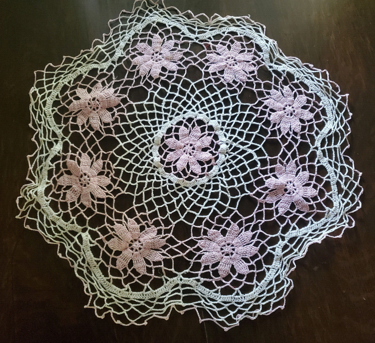 Vintage Pink and White Crochet Doily 9 pink flower- Round  24 inches