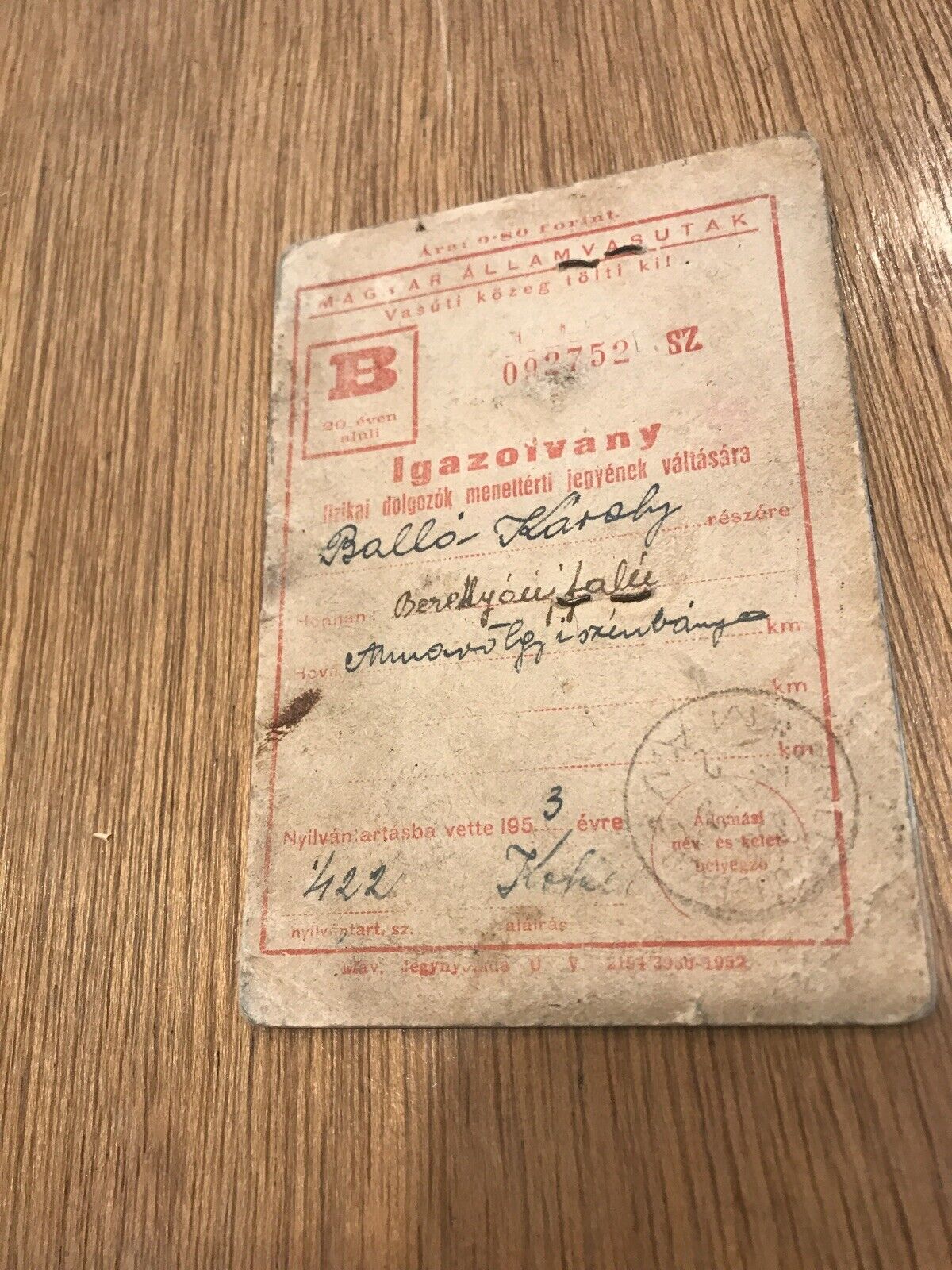 *RARE* 1953 Hungarian Railways Balla Karoly Certificate Work Transport Communist