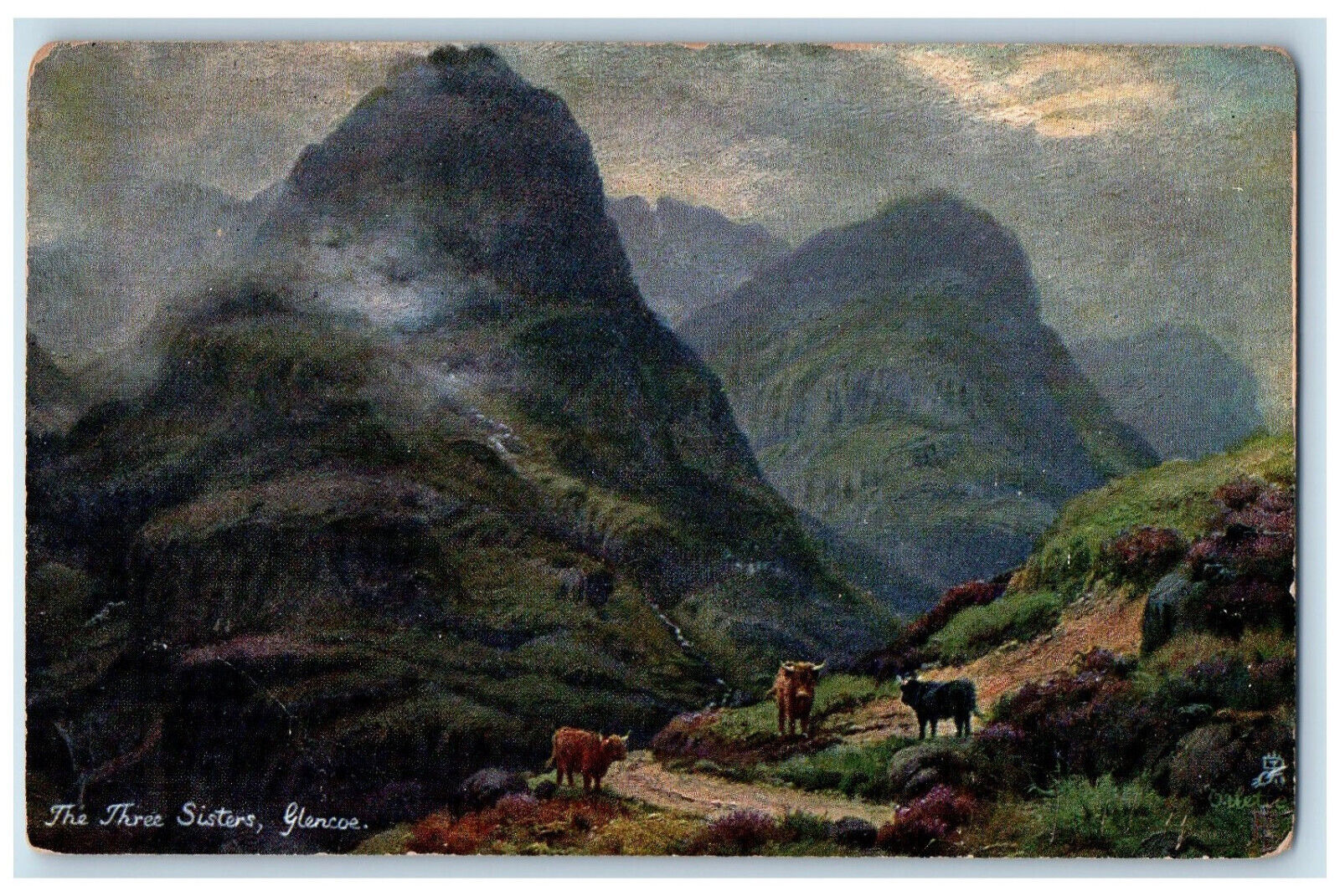 c1910 Cows The Three Sisters Glencoe Scotland Oilette Tuck Art Postcard
