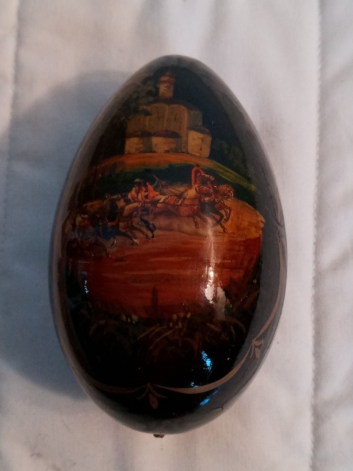 Vintage Russian Hand Painted Lacquer Wood Easter Egg Summer Farm Scene