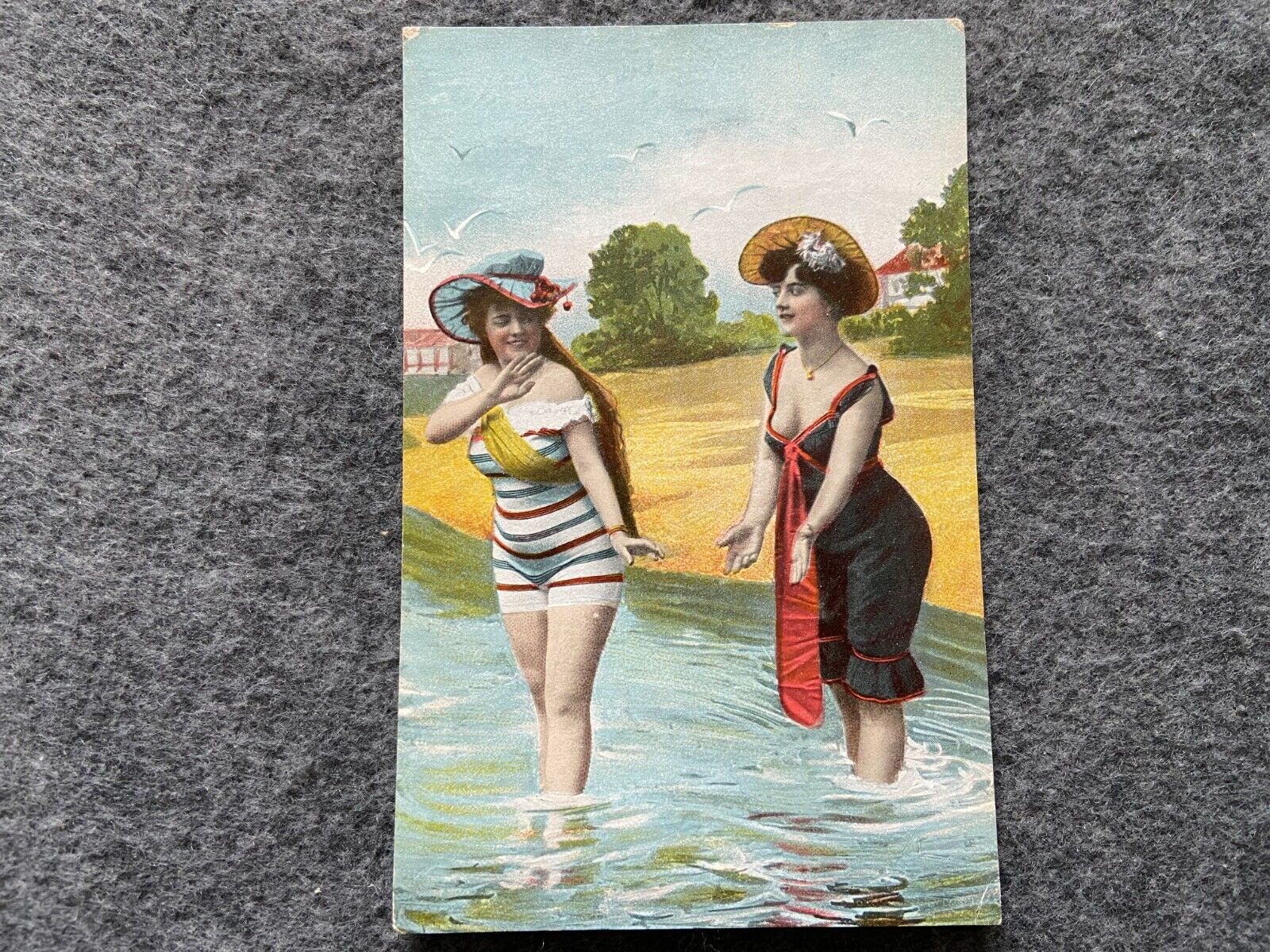 Two Ladies at the Beach Vintage Postcard