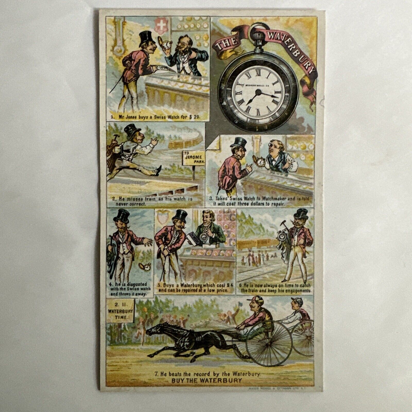Victorian trade Card Waterbury Watches Humor 1882 Hartford B6-2